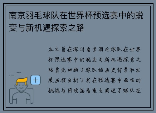南京羽毛球队在世界杯预选赛中的蜕变与新机遇探索之路