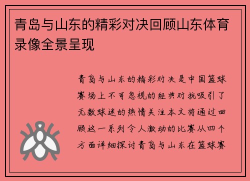 青岛与山东的精彩对决回顾山东体育录像全景呈现